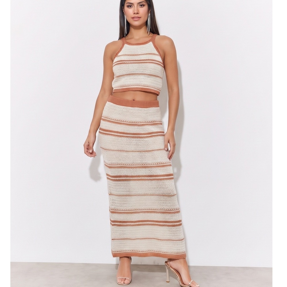 Freshman 1996‎ Womens Crochet Knit 2 Piece Set Crop Top Maxi Skirt Tan Cream L